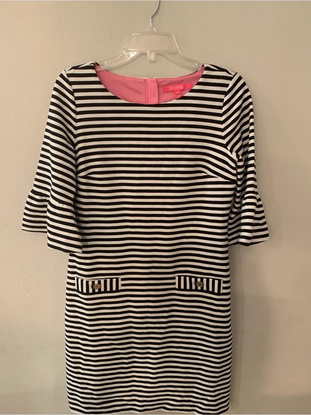Lilly Pulitzer Nauti Black White Striped Dress Bell Sleeve Pockets sz S ret $178